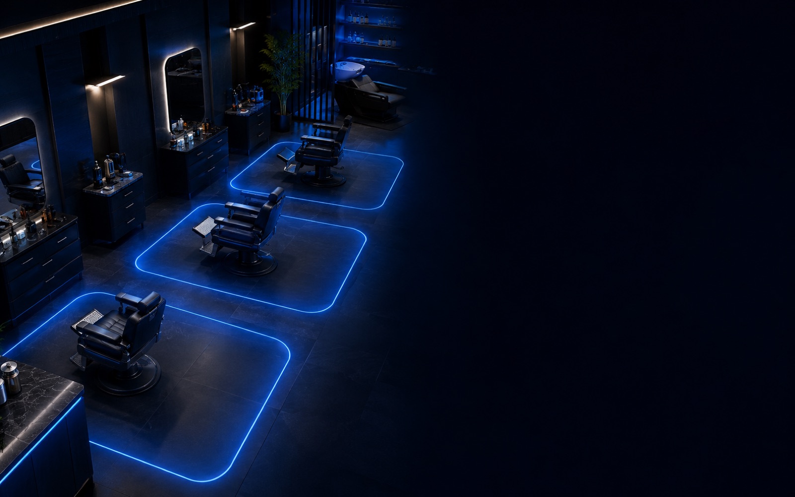 Salon floor with chair groups marked as glowing blue zones — DOYA measures zones, not people
