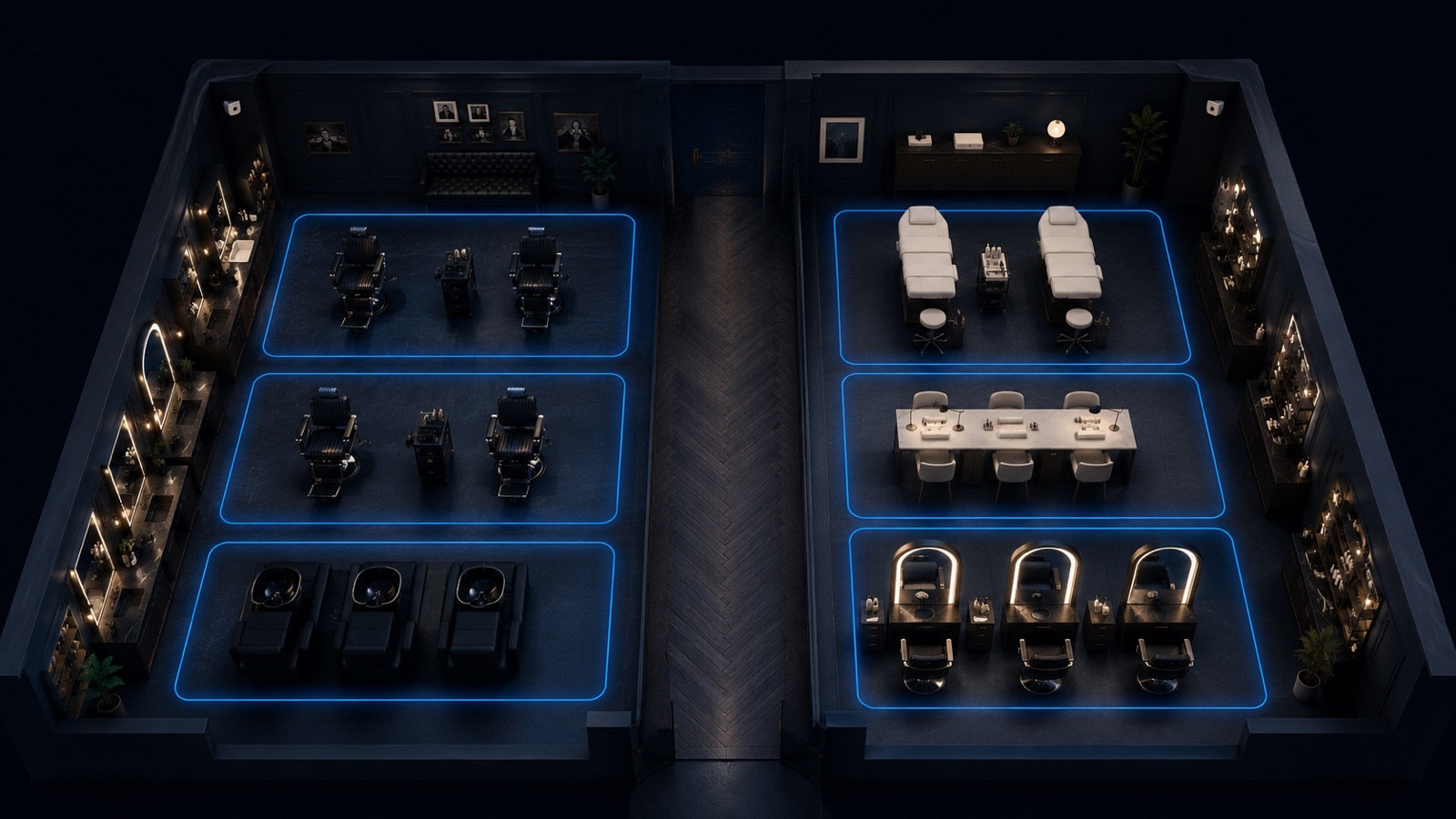 Salon seen from above: a barbershop on the left, a beauty salon on the right — all areas marked as glowing blue zones