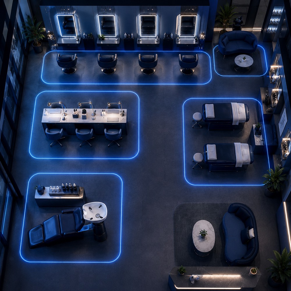Salon seen from above: all areas split into glowing blue measurement zones