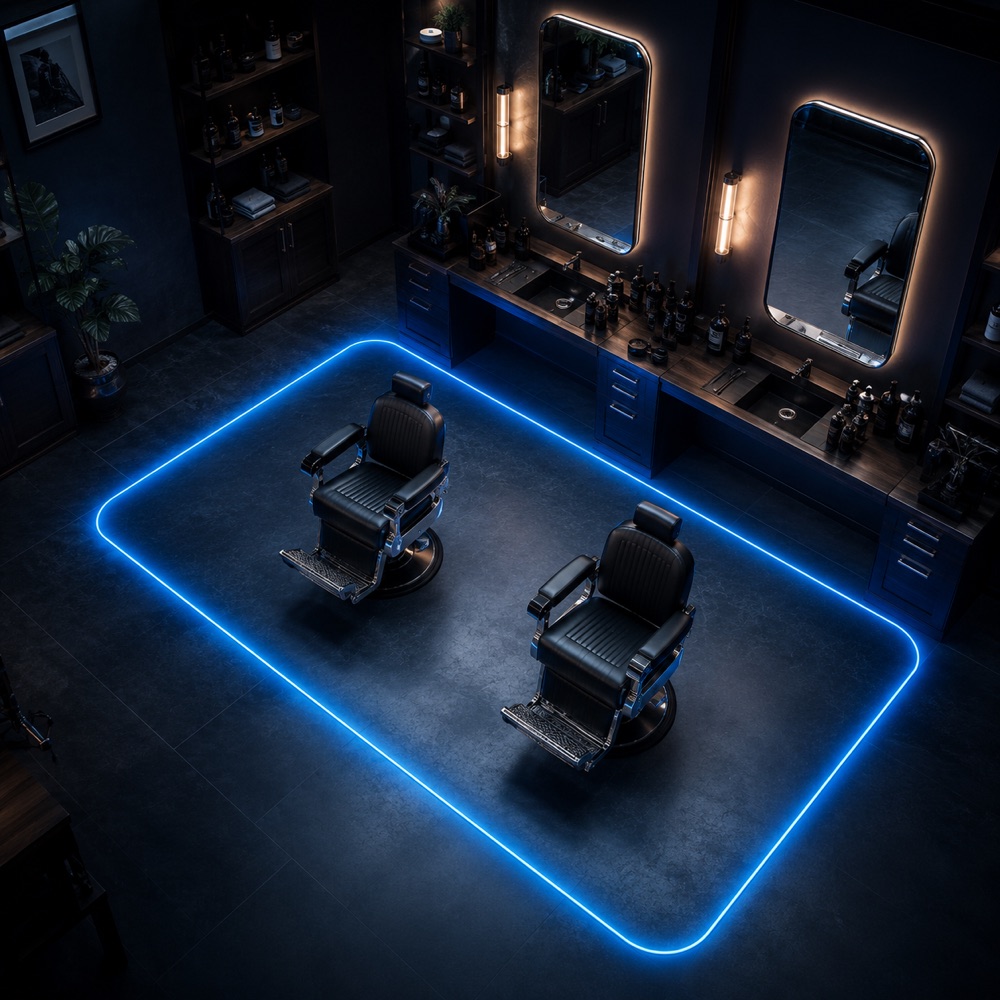 Two barber chairs framed by a single glowing blue zone